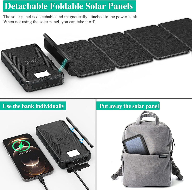 BLAVOR solar power bank Cargador solar Cinco paneles desmontable, cargador inalámbrico Qi Banco de energía portátil de 20000 mAh con linterna de entrada de tipo C de doble salida y kit de brújula (negro, 20000 mah) (Negro)