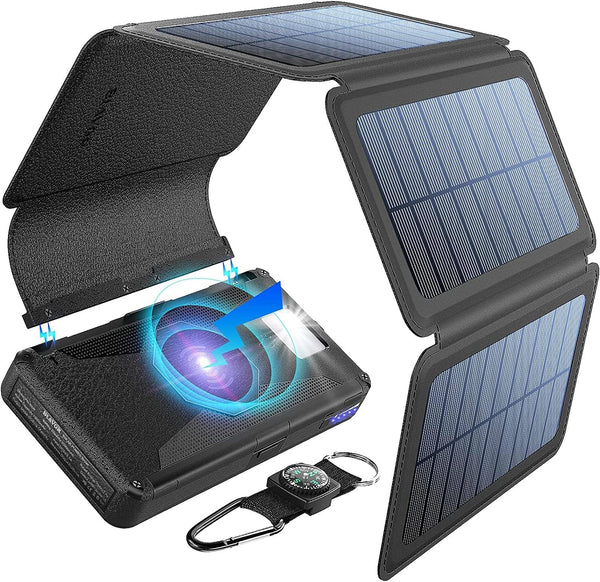 BLAVOR solar power bank Cargador solar Cinco paneles desmontable, cargador inalámbrico Qi Banco de energía portátil de 20000 mAh con linterna de entrada de tipo C de doble salida y kit de brújula (negro, 20000 mah) (Negro)