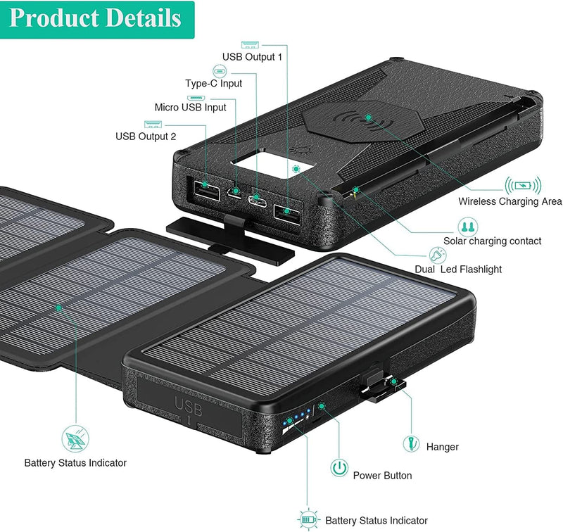 BLAVOR solar power bank Cargador solar Cinco paneles desmontable, cargador inalámbrico Qi Banco de energía portátil de 20000 mAh con linterna de entrada de tipo C de doble salida y kit de brújula (negro, 20000 mah) (Negro)